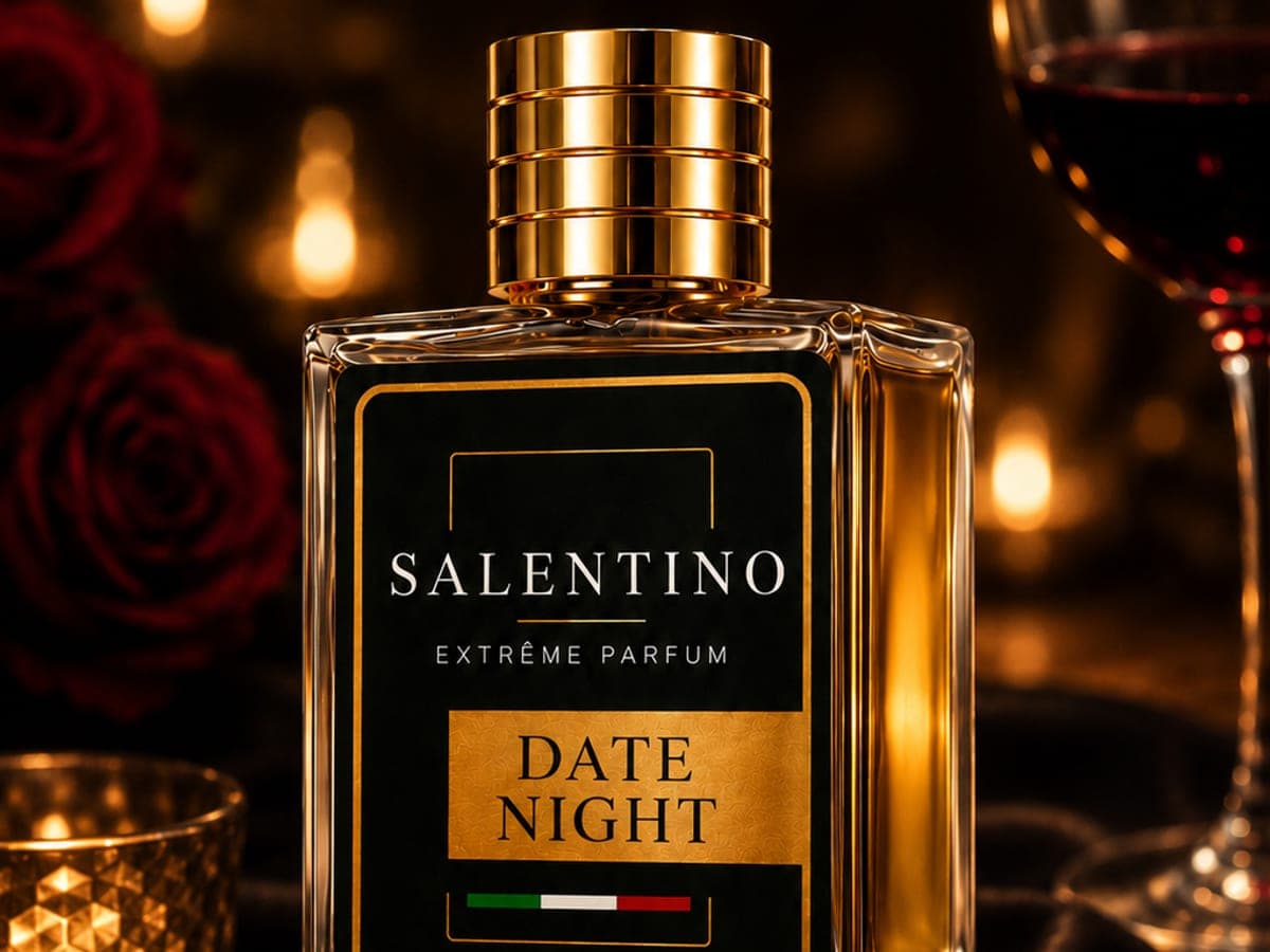 Flakon Date Night von Salentino Parfums zwischen dunklen Rosen, Kerzenlicht und einem Glas Rotwein