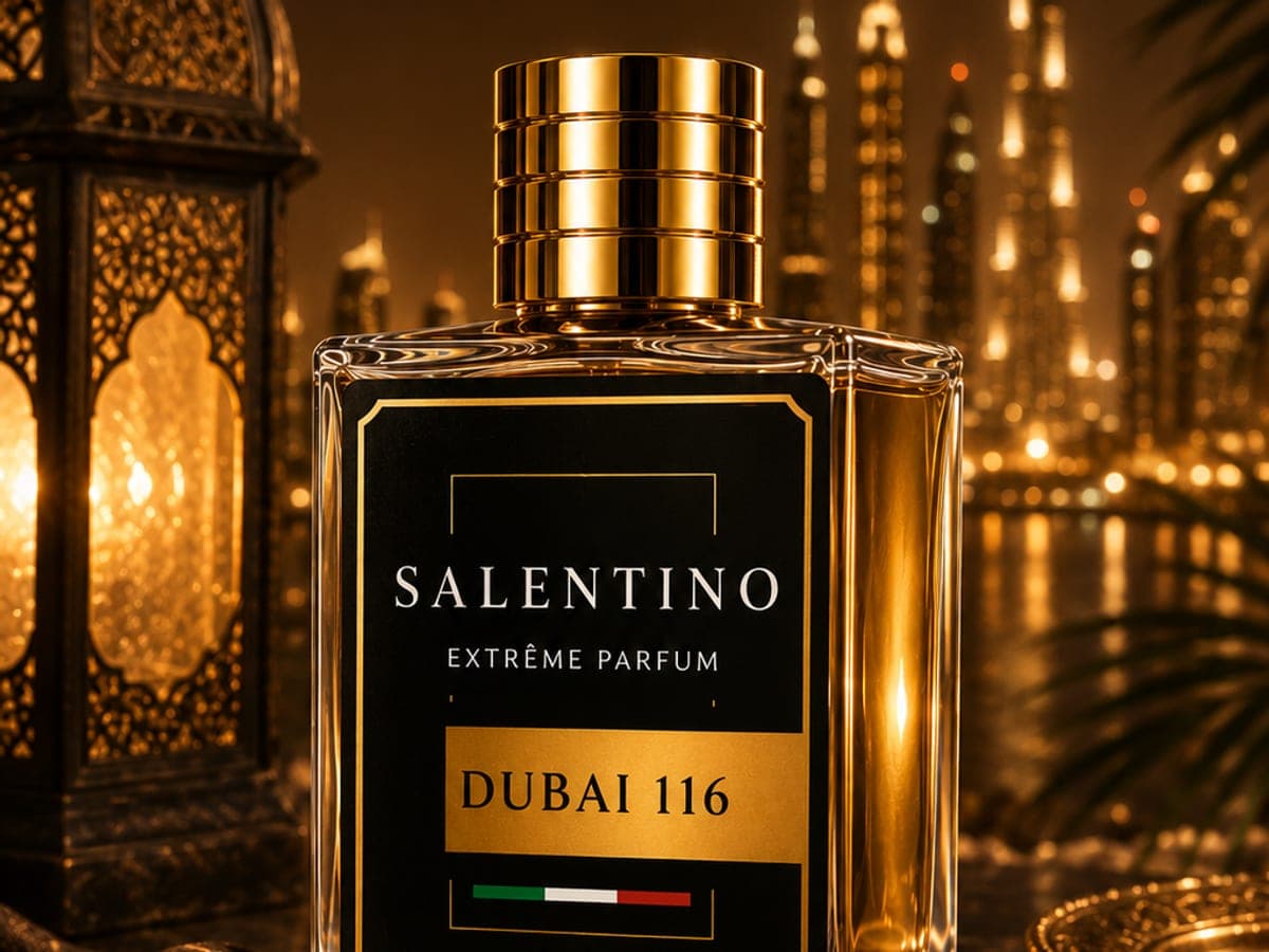 Flakon Dubai 116 von Salentino Parfums mit goldenem Deckel vor der nächtlichen Skyline von Dubai