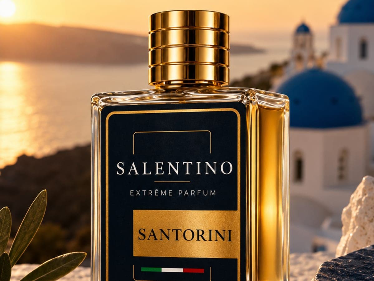 Flakon Santorini von Salentino Parfums vor blauen Kuppeln und Meer im Abendlicht