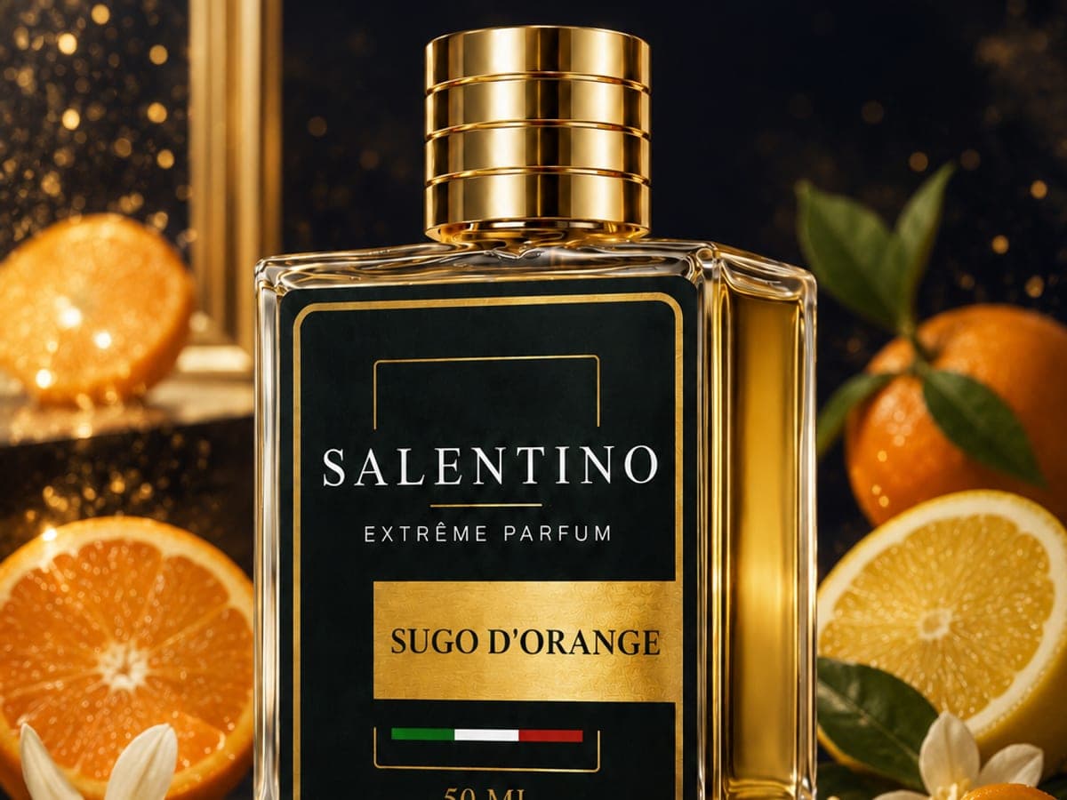 Flakon Sugo d’Orange von Salentino Parfums zwischen aufgeschnittenen Orangen, Zitrusfrüchten und Vanilleschoten